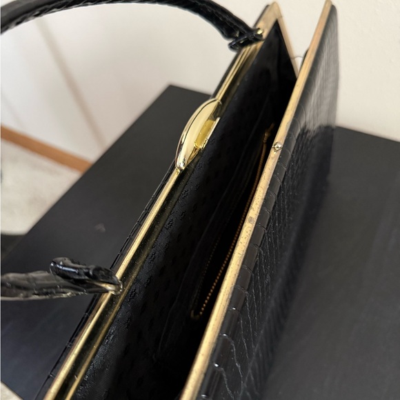 Vintage Black Croc Embossed Top Handle Clutch Prom Wedding
